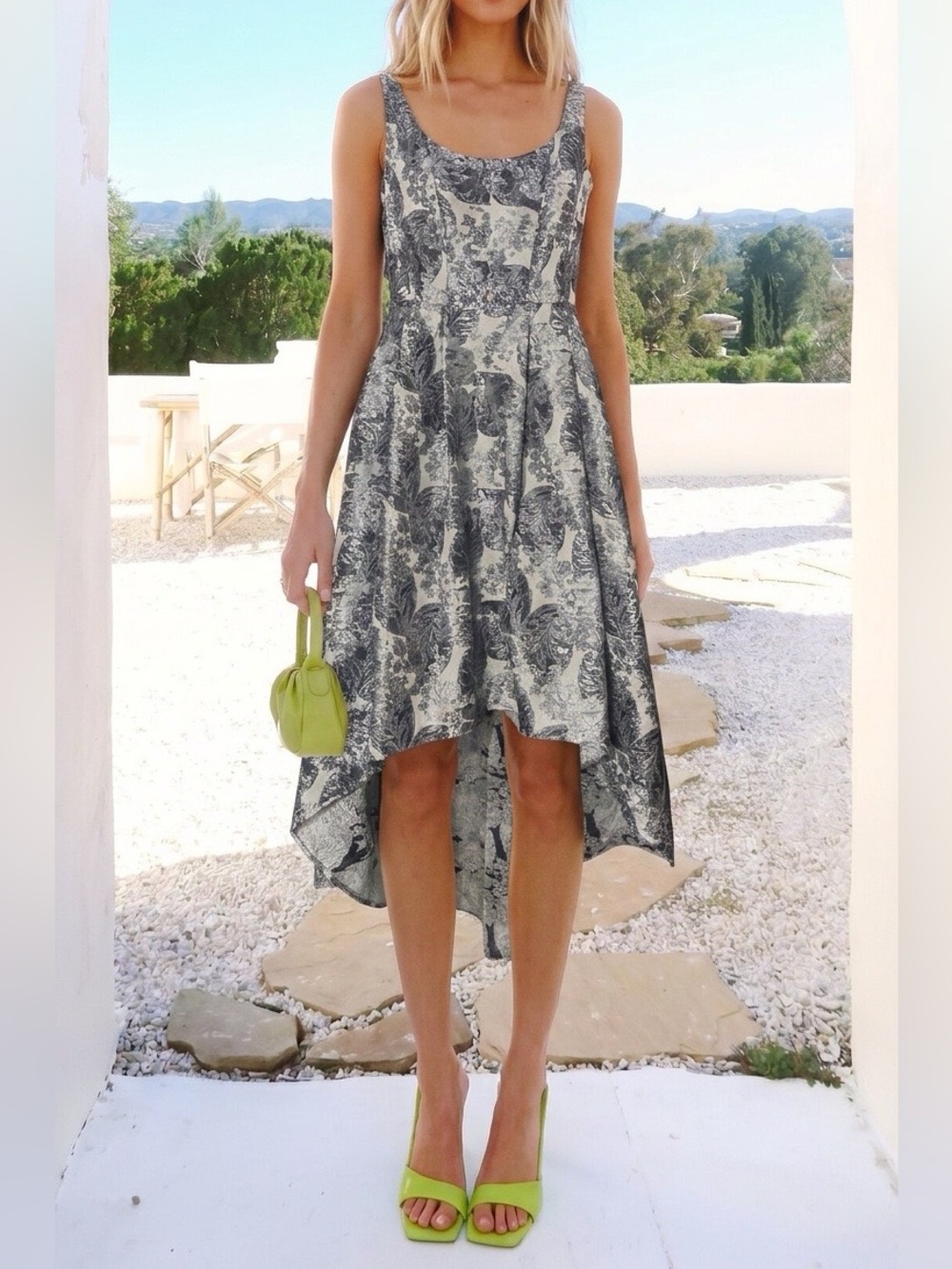 Betsy & Adam Metallic Brocade High-Low Dress with Crystal Embellishment
12